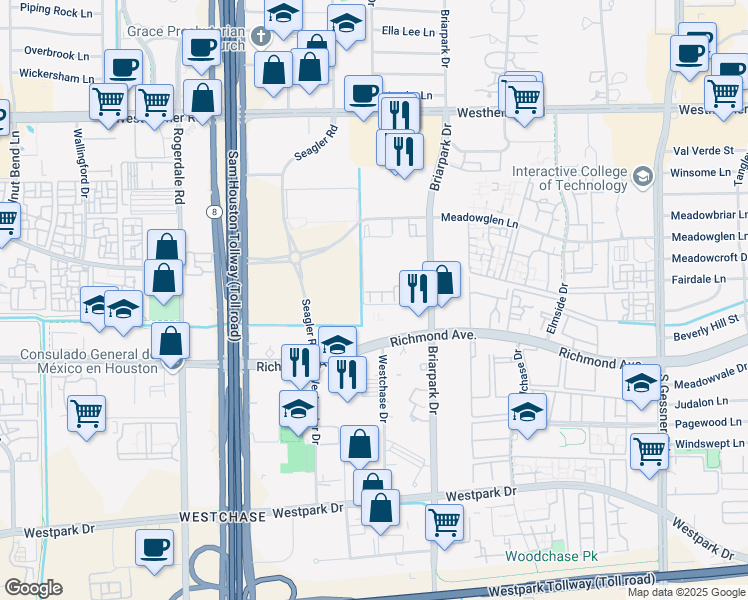 map of restaurants, bars, coffee shops, grocery stores, and more near 3211 Holly Shores Drive in Houston