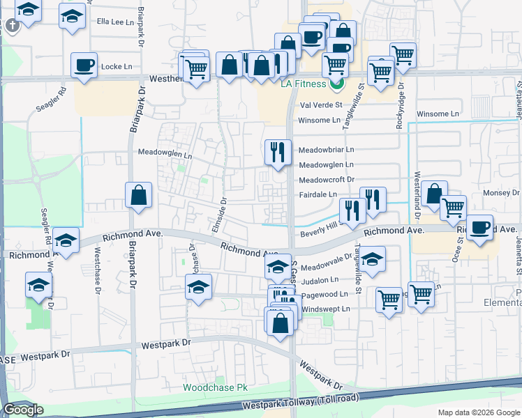 map of restaurants, bars, coffee shops, grocery stores, and more near 3230 South Gessner Road in Houston