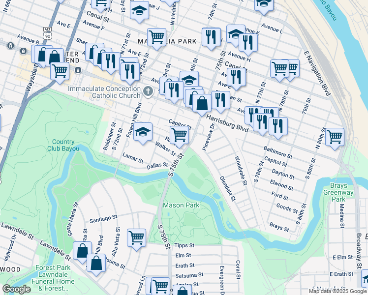 map of restaurants, bars, coffee shops, grocery stores, and more near 7457 Rusk Street in Houston
