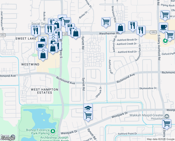 map of restaurants, bars, coffee shops, grocery stores, and more near 2807 Hollow Creek Drive in Houston