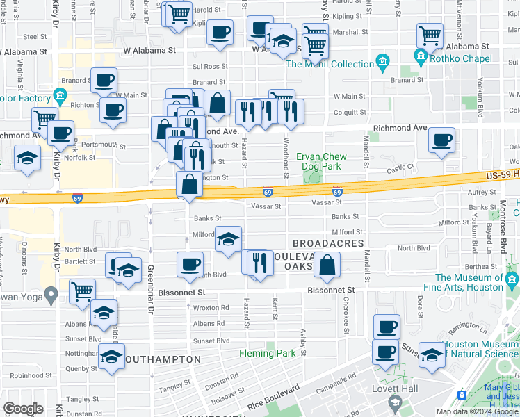 map of restaurants, bars, coffee shops, grocery stores, and more near 1919 Vassar Street in Houston
