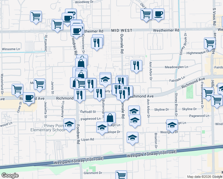 map of restaurants, bars, coffee shops, grocery stores, and more near 8620 Beverly Hill Street in Houston