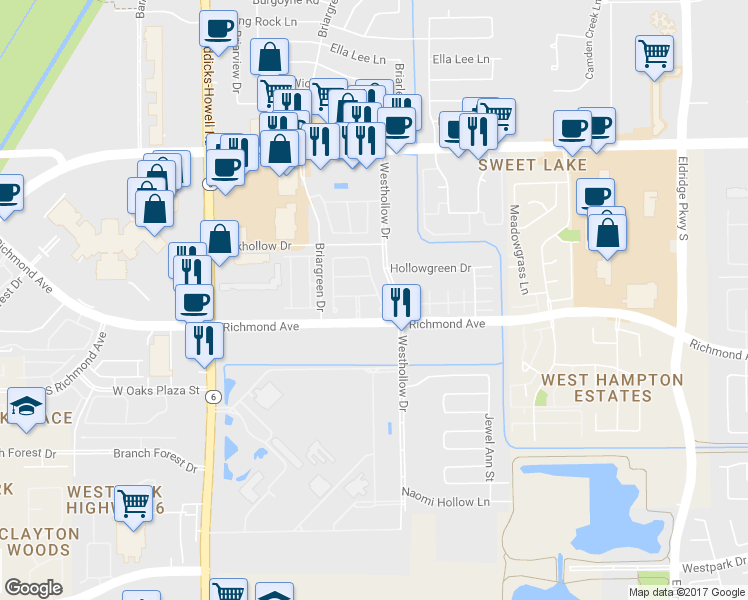 map of restaurants, bars, coffee shops, grocery stores, and more near 2818 Cresthollow Ln in Houston