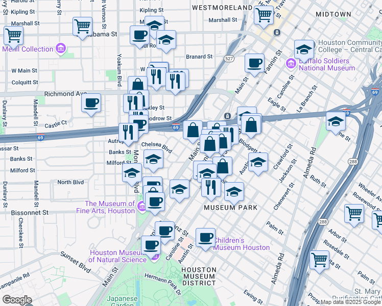 map of restaurants, bars, coffee shops, grocery stores, and more near 900 Rosedale Street in Houston