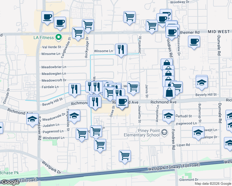 map of restaurants, bars, coffee shops, grocery stores, and more near 9303 Beverly Hill Street in Houston