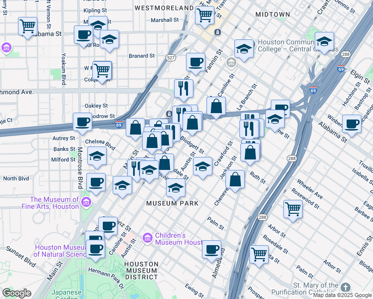 map of restaurants, bars, coffee shops, grocery stores, and more near 4717 Caroline Street in Houston