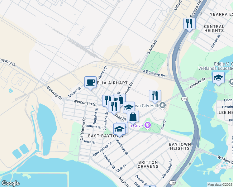 map of restaurants, bars, coffee shops, grocery stores, and more near 1231 Cypress Street in Baytown