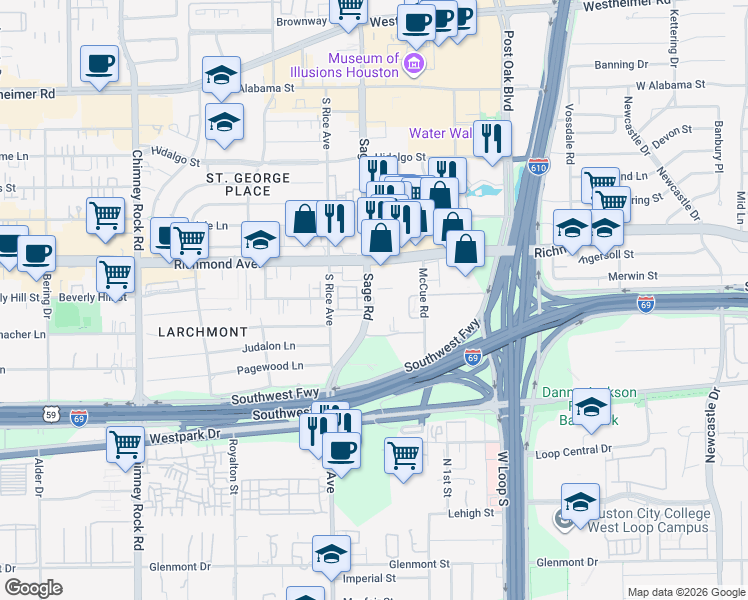 map of restaurants, bars, coffee shops, grocery stores, and more near 3505 Sage Road in Houston