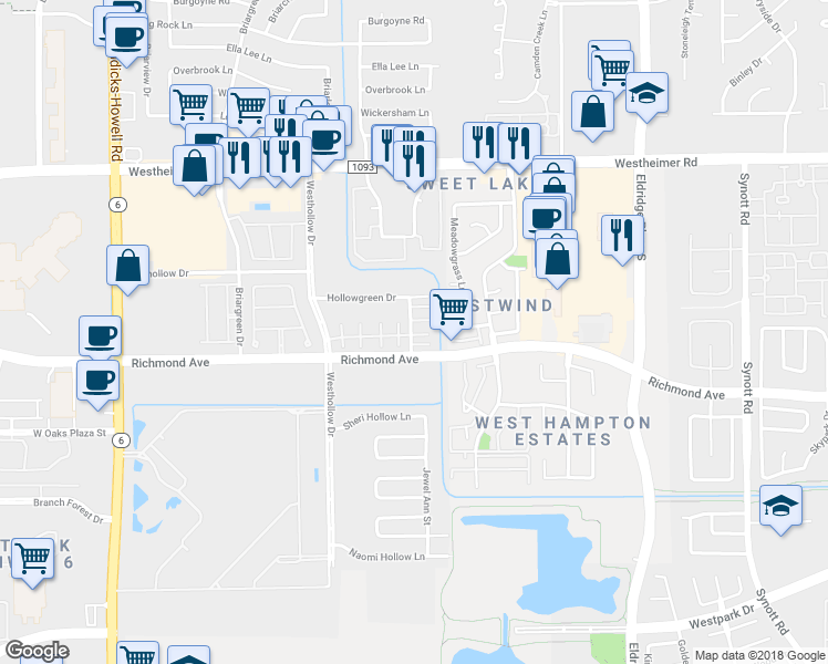 map of restaurants, bars, coffee shops, grocery stores, and more near 2879 Panagard Drive in Houston