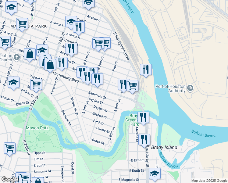 map of restaurants, bars, coffee shops, grocery stores, and more near 7923 Harrisburg Boulevard in Houston
