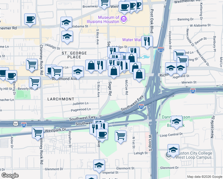map of restaurants, bars, coffee shops, grocery stores, and more near 3505 Sage Road in Houston