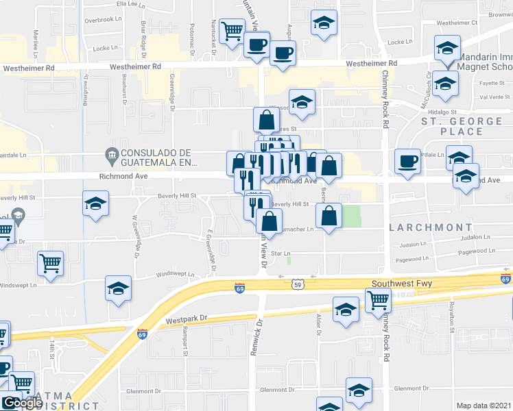 map of restaurants, bars, coffee shops, grocery stores, and more near 3333 Fountain View Drive in Houston