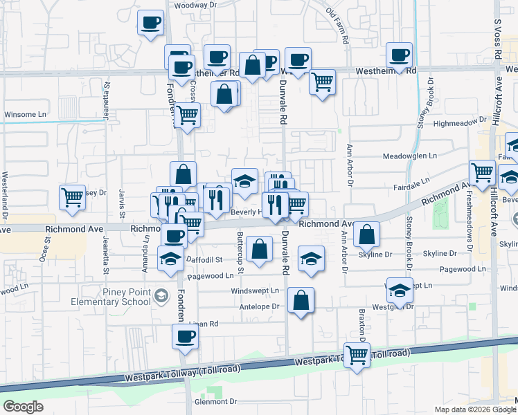 map of restaurants, bars, coffee shops, grocery stores, and more near 8620 Beverly Hill Street in Houston