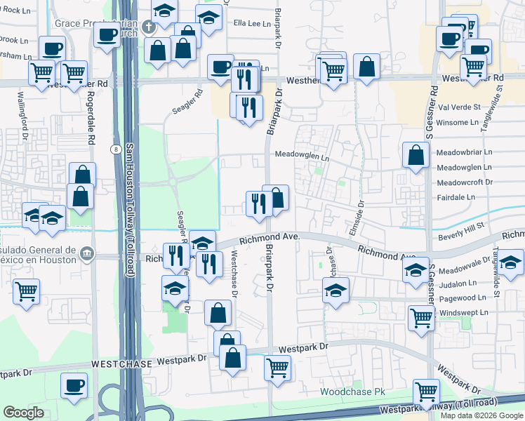 map of restaurants, bars, coffee shops, grocery stores, and more near 3219 Holly Meadow Drive in Houston