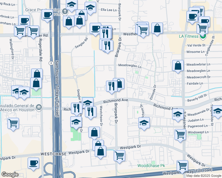 map of restaurants, bars, coffee shops, grocery stores, and more near 3219 Holly Meadow Drive in Houston