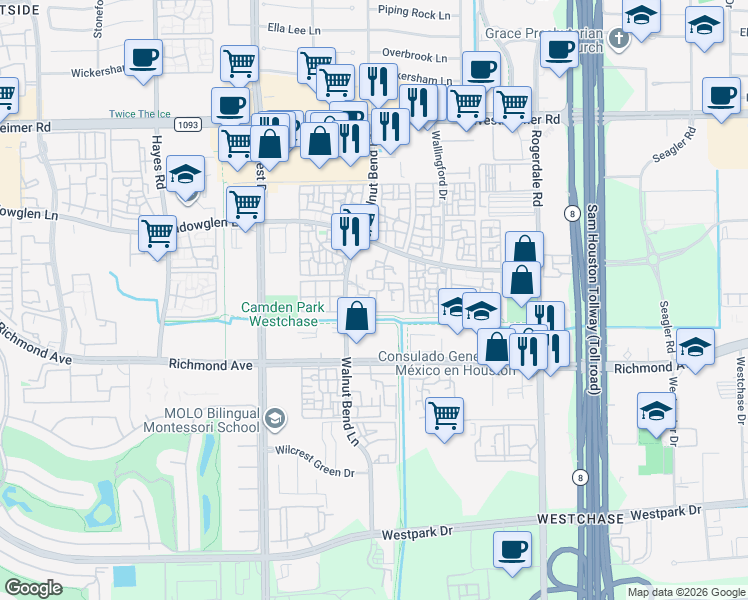 map of restaurants, bars, coffee shops, grocery stores, and more near 3055 Walnut Bend Lane in Houston