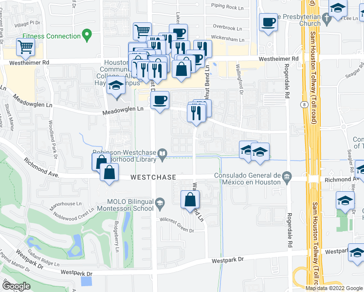 map of restaurants, bars, coffee shops, grocery stores, and more near 3100 Walnut Bend Lane in Houston