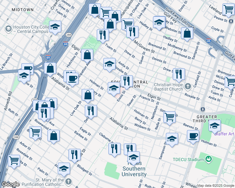 map of restaurants, bars, coffee shops, grocery stores, and more near 3204 Ennis Street in Houston