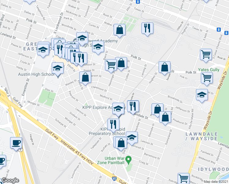 map of restaurants, bars, coffee shops, grocery stores, and more near 5221 Claremont Street in Houston