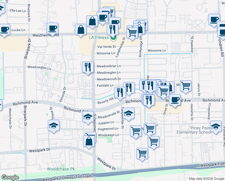 map of restaurants, bars, coffee shops, grocery stores, and more near 9611 Meadowland Drive in Houston