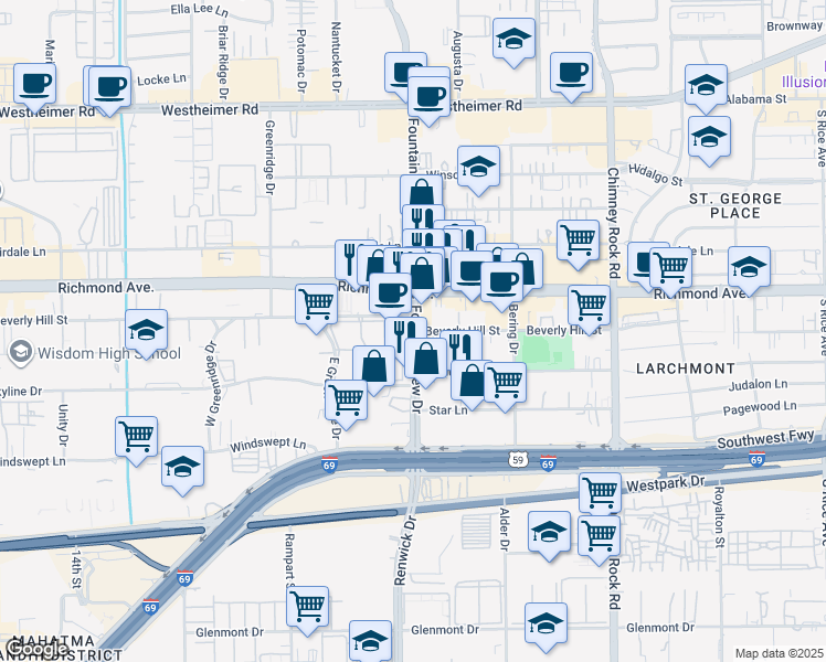 map of restaurants, bars, coffee shops, grocery stores, and more near 6061 Beverlyhill Street in Houston