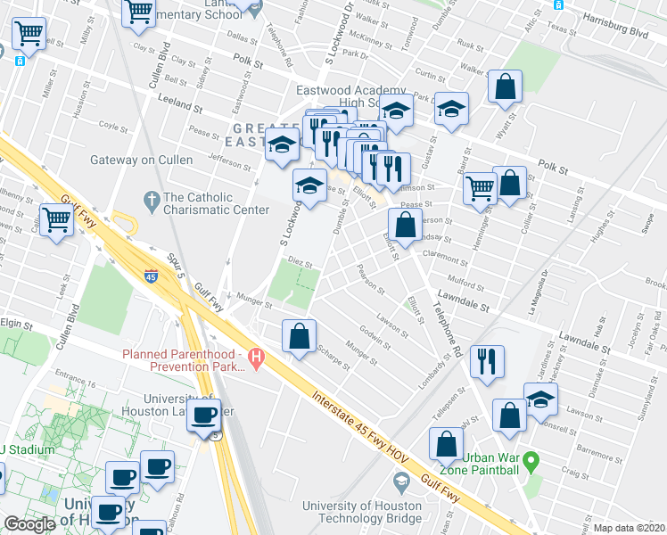 map of restaurants, bars, coffee shops, grocery stores, and more near 1906 Mable Street in Houston