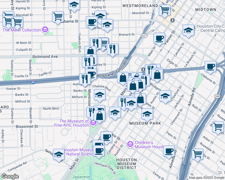 map of restaurants, bars, coffee shops, grocery stores, and more near 800 Chelsea Boulevard in Houston
