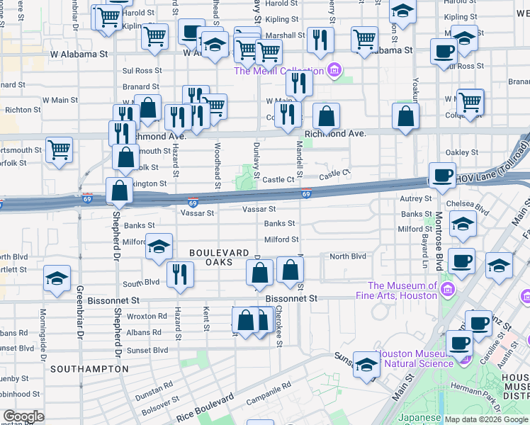 map of restaurants, bars, coffee shops, grocery stores, and more near 1648 Banks Street in Houston