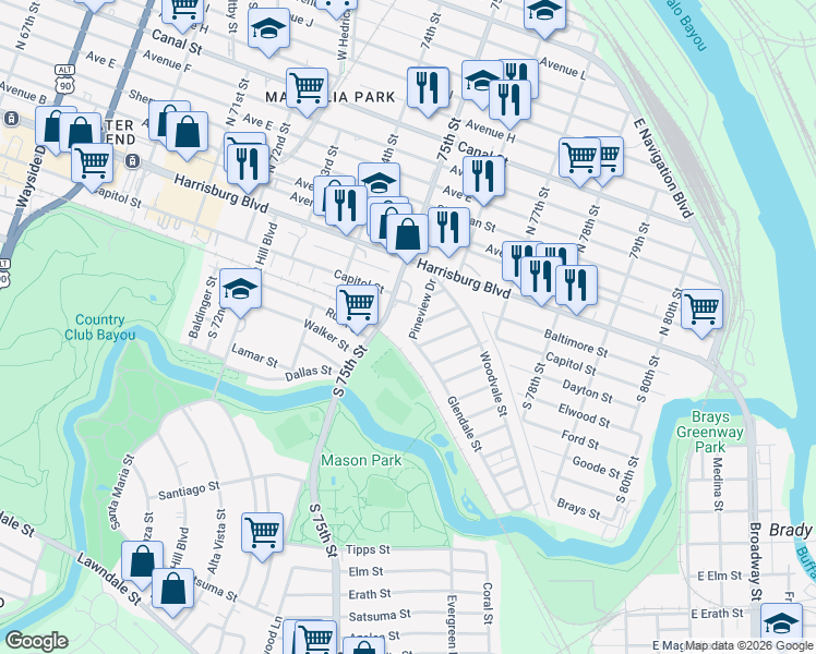 map of restaurants, bars, coffee shops, grocery stores, and more near 134 Pineview Drive in Houston