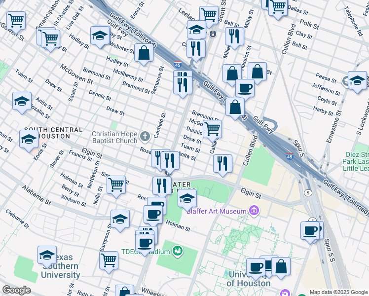 map of restaurants, bars, coffee shops, grocery stores, and more near 3511 Anita Street in Houston