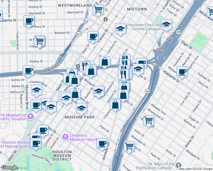 map of restaurants, bars, coffee shops, grocery stores, and more near 1519 Ruth Street in Houston