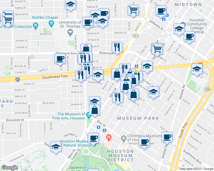 map of restaurants, bars, coffee shops, grocery stores, and more near 800 Chelsea Boulevard in Houston