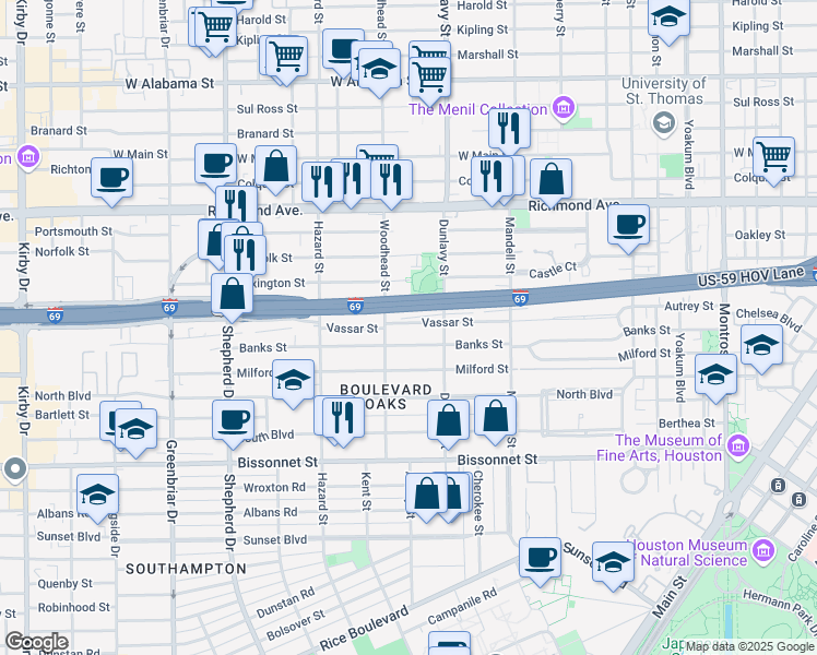 map of restaurants, bars, coffee shops, grocery stores, and more near 1715 Vassar Street in Houston