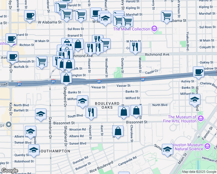 map of restaurants, bars, coffee shops, grocery stores, and more near 4808 Woodhead Street in Houston