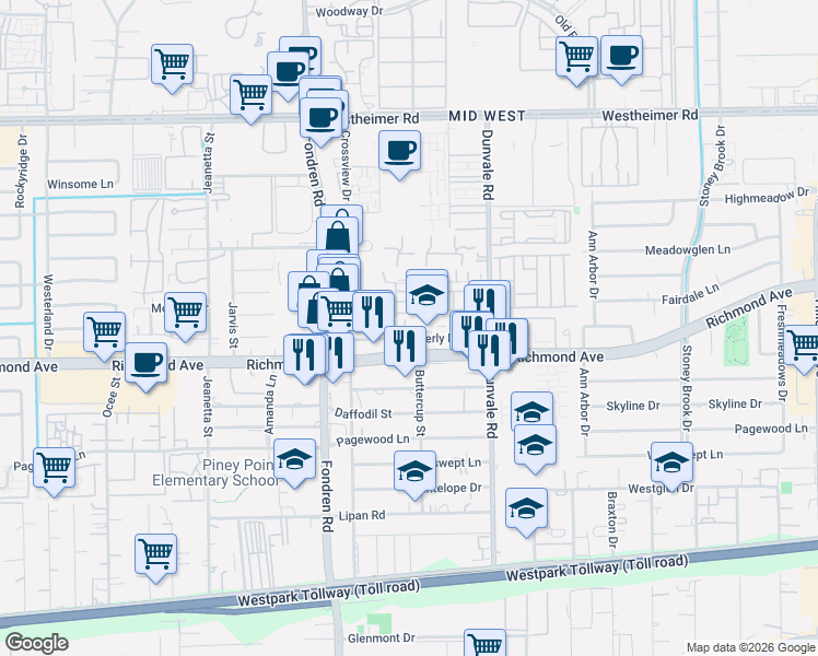 map of restaurants, bars, coffee shops, grocery stores, and more near in Houston