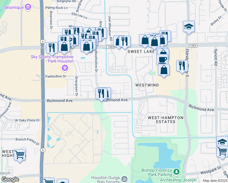 map of restaurants, bars, coffee shops, grocery stores, and more near 2865 Westhollow Drive in Houston