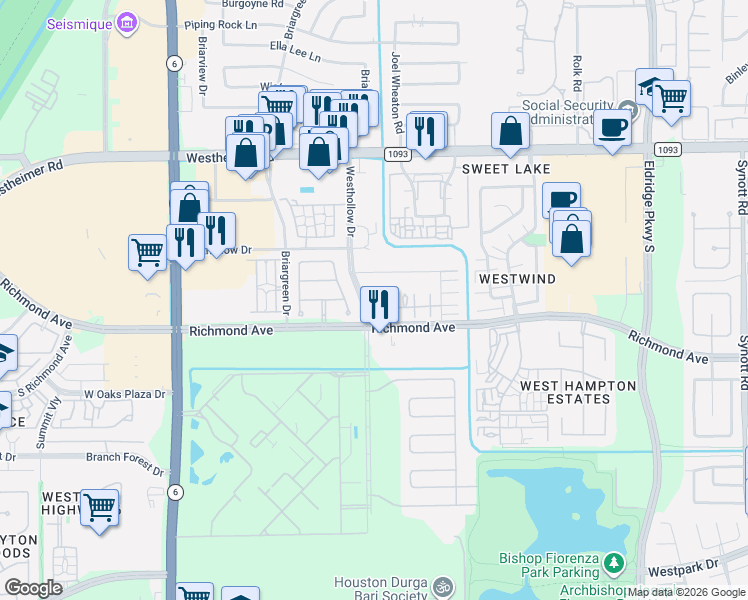 map of restaurants, bars, coffee shops, grocery stores, and more near 2865 Westhollow Drive in Houston