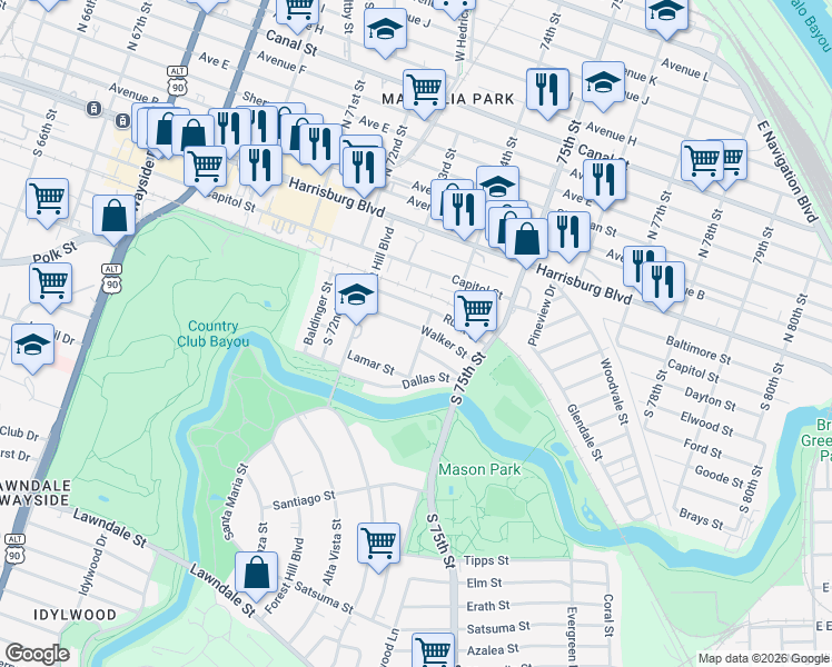 map of restaurants, bars, coffee shops, grocery stores, and more near 7350 Walker Street in Houston