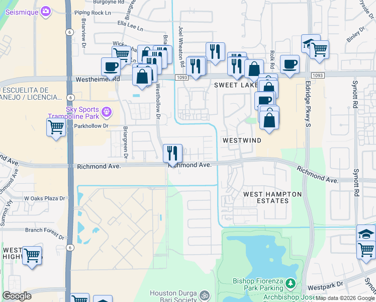 map of restaurants, bars, coffee shops, grocery stores, and more near 2865 Westhollow Drive in Houston