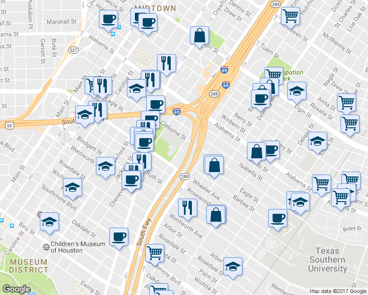 map of restaurants, bars, coffee shops, grocery stores, and more near 4201 Chartres Street in Houston