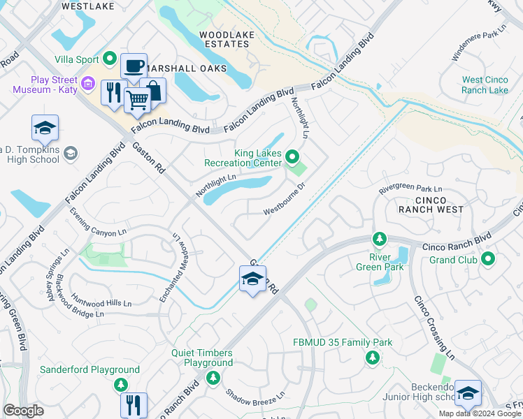map of restaurants, bars, coffee shops, grocery stores, and more near 25822 Westbourne Drive in Katy