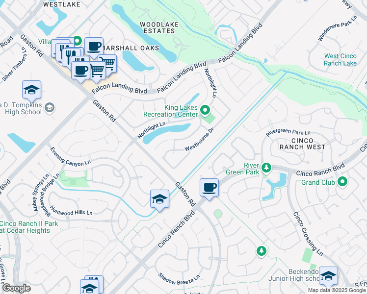 map of restaurants, bars, coffee shops, grocery stores, and more near 25814 Westbourne Drive in Katy