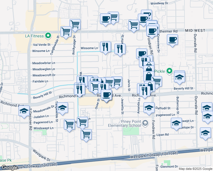 map of restaurants, bars, coffee shops, grocery stores, and more near 9224 Rasmus Drive in Houston