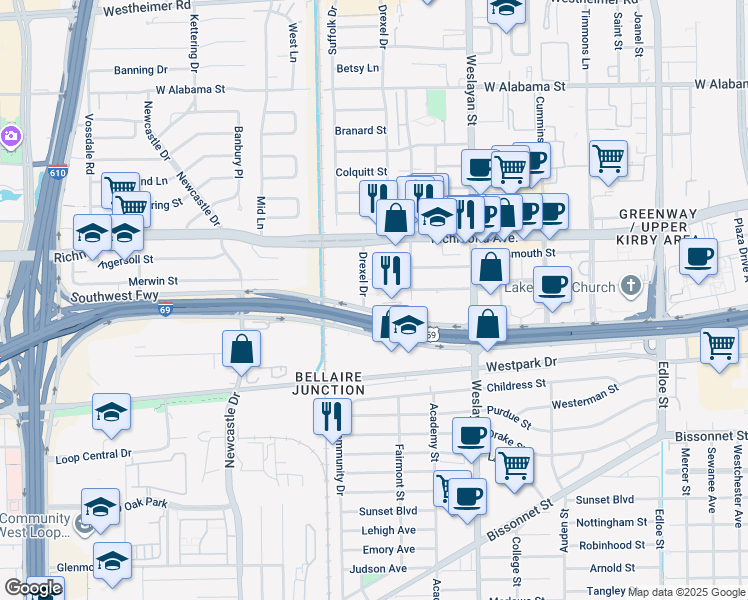 map of restaurants, bars, coffee shops, grocery stores, and more near 4140 Southwest Freeway in Houston