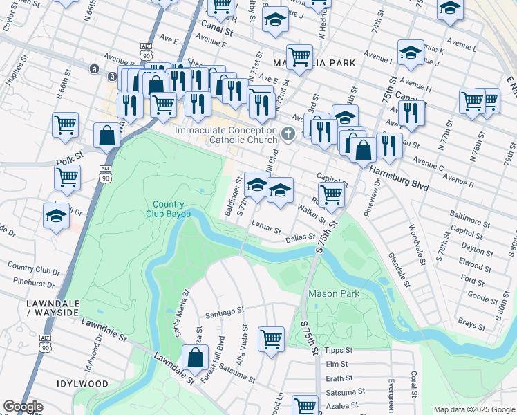 map of restaurants, bars, coffee shops, grocery stores, and more near 321 Forest Hill Boulevard in Houston