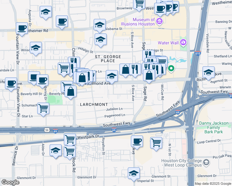 map of restaurants, bars, coffee shops, grocery stores, and more near 33 Beverly Hill Street in Houston