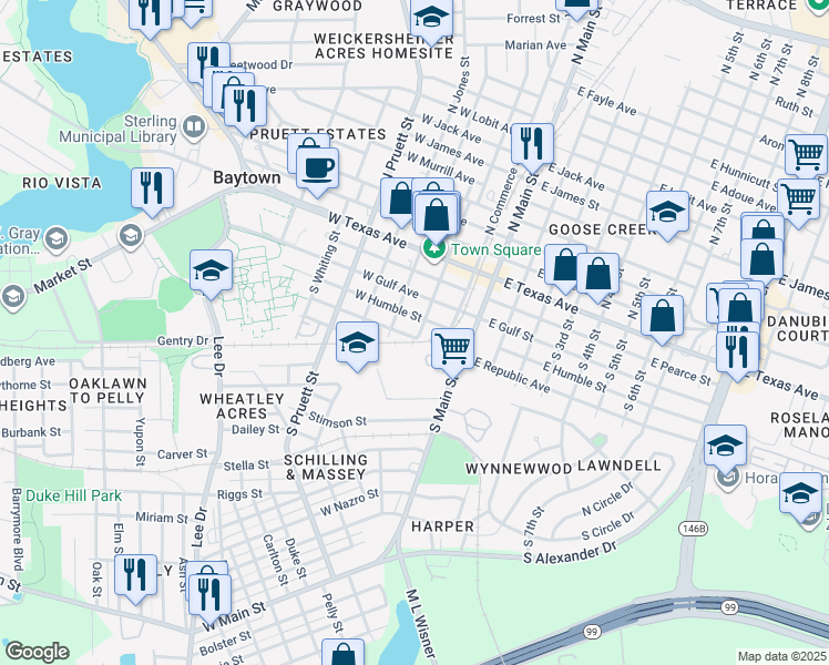 map of restaurants, bars, coffee shops, grocery stores, and more near 200 West Republic Street in Baytown
