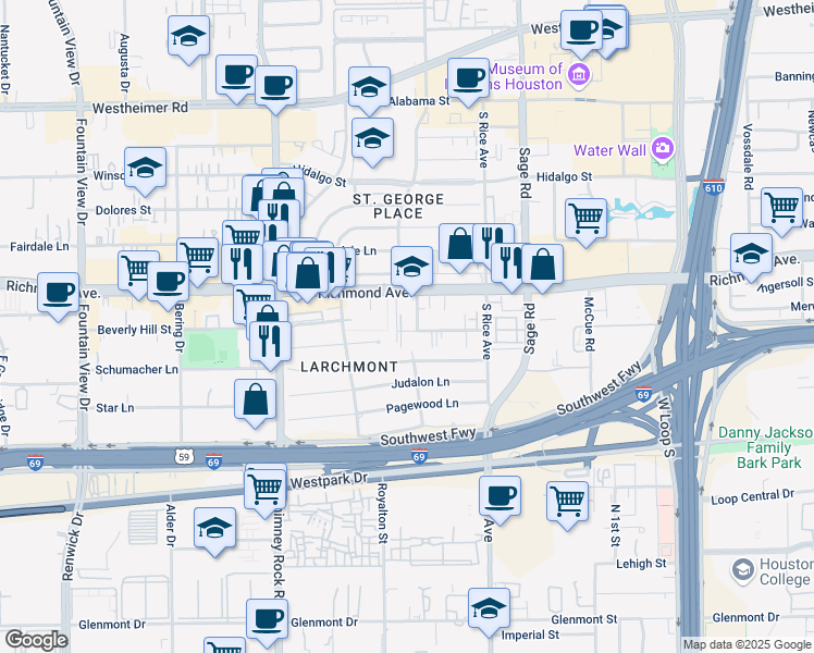 map of restaurants, bars, coffee shops, grocery stores, and more near 5414 Beverly Hill Street in Houston
