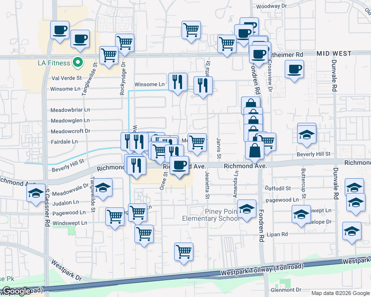 map of restaurants, bars, coffee shops, grocery stores, and more near 9224 Rasmus Drive in Houston
