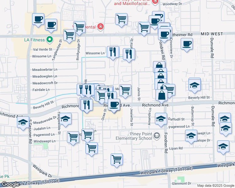 map of restaurants, bars, coffee shops, grocery stores, and more near 9224 Rasmus Drive in Houston